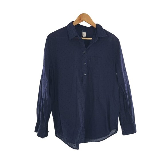 Gap Navy 100% cotton navy Swiss dot 4 button blouse size Medium - Picture 1 of 6